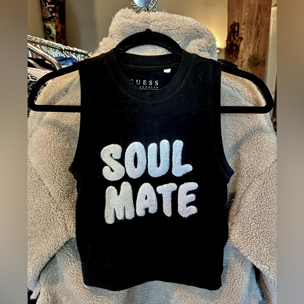 Guess sleeveless black shirt with towel like fabric print that reads SOULMATE